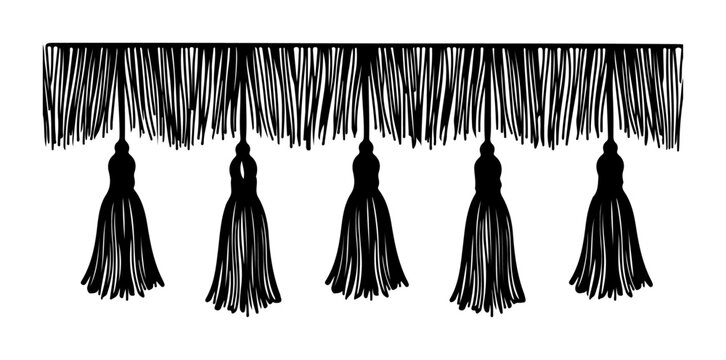 Black fringe and tassel border decorative trim element for upholstery and fashion design isolated on white background