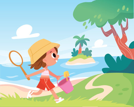Outdoors walk. Vacations little girl walking lightly, wearing pink shorts, top and sun hat. Holds bucket with sandbox shovel and butterfly net.