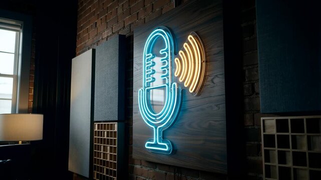 Neon microphone sign flickering to life in a recording studio. 4K Video