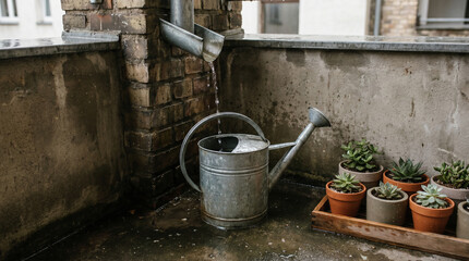 Fototapeta premium Gutter Rainwater Collection Watering Can Beside Succulent Tray Urban Balcony