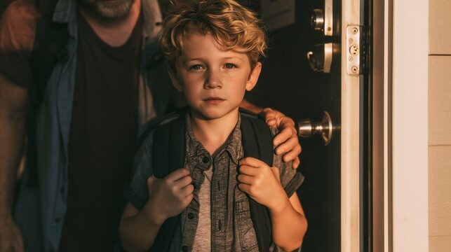 Young boy with a backpack standing in a doorway with a parents hand ,back to school photo