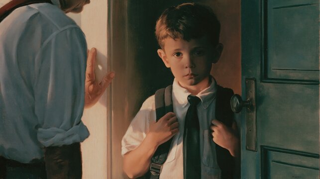 Young boy with a backpack standing in a doorway with a parents hand ,back to school photo