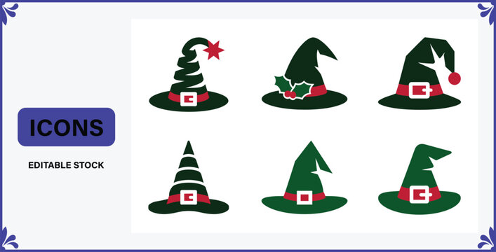 Collection of six different Christmas elf hats with red belts and various decorations