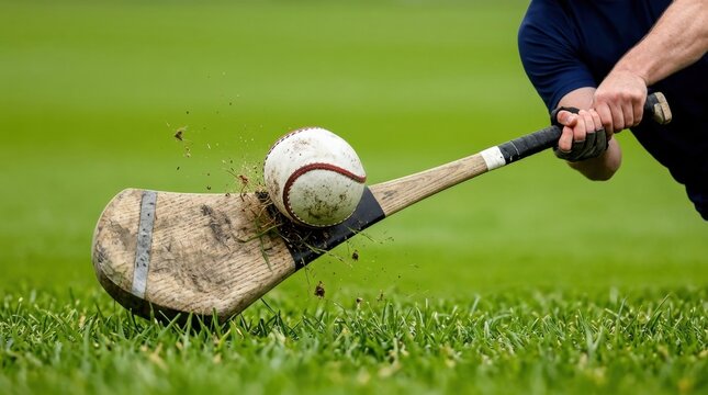 Hurling sliotar struck by hurl, cork ball in mid air near hurley