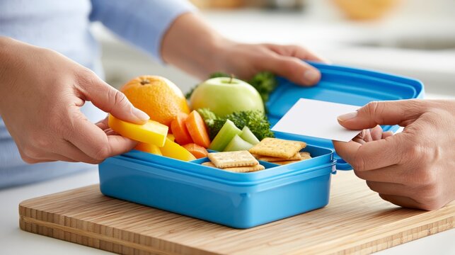 Hands placing a blank note into a green lunch box with healthy food ,back to school photo