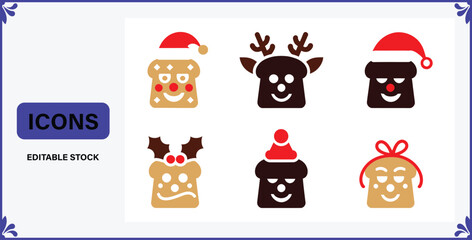 Collection of cute Christmas themed food icons featuring gingerbread faces with hats and reindeer antlers isolated on white © Badsha Mollik