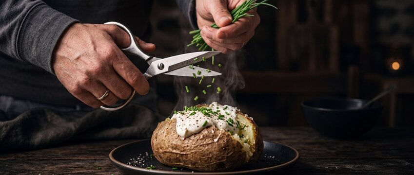 Home cook hands using stainless steel kitchen scissors to snip fresh green chives over steaming hot baked potato with sour cream.