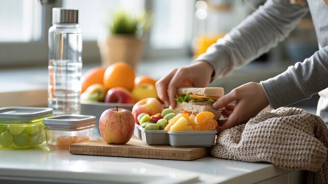 Woman preparing healthy lunch box with fresh fruits and sandwich in kitchen ,back to school photo