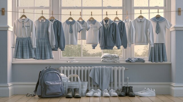 School uniforms hanging on a clothesline in front of a window ,back to school photo