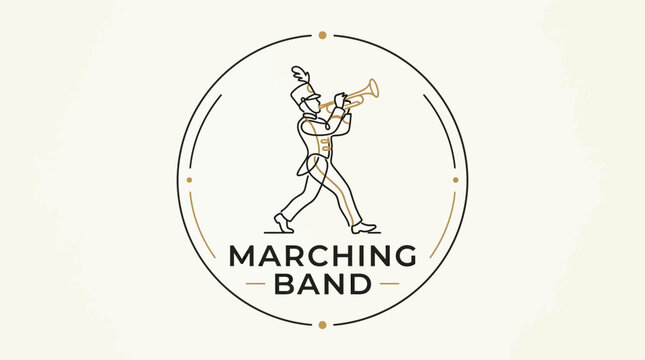 Minimalist line drawing logo featuring marching band musician with brass instrument in dynamic pose with instrument enclosed circular showcases clean minimalist