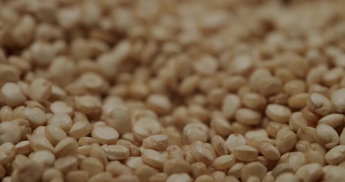 Raw white quinoa seeds rotating in wooden bowl. Close-up shot of a shiny metal spoon scooping up a pile of uncooked organic quinoa seeds in super slow motion,