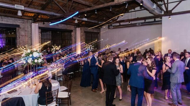 Dynamic wedding party with festive light trails.