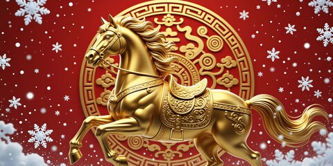 Fototapeta premium Golden horse statuette on red background with snowflakes. Traditional Chinese New Year decoration. Symbol of prosperity, good fortune, and new beginnings. Festive design element.