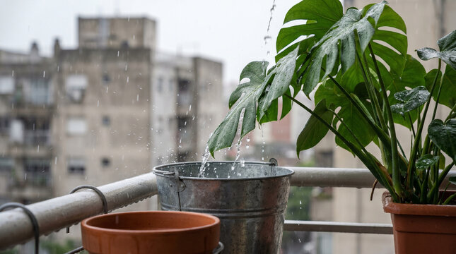 Functional Rain Capture Corner on Apartment Balcony With Monstera Plant