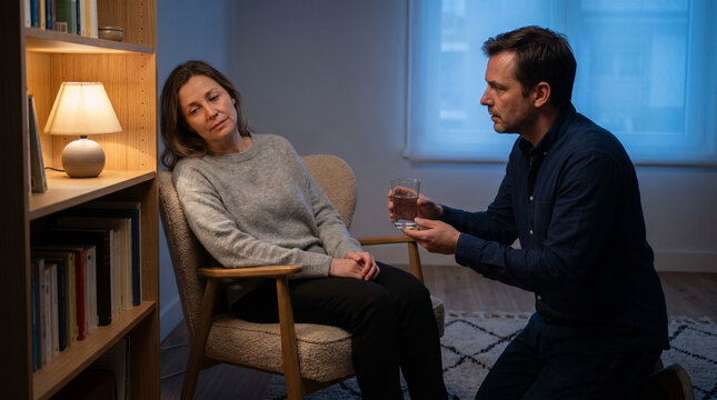 Evening Menopause Anxiety Support Scene In Calm Home Office Corner