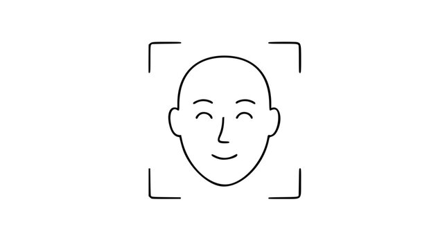 A clean black and white line art vector icon illustrating a face recognition outline with detailed scanning grid patterns, suited for biometric security and smart device interfaces.