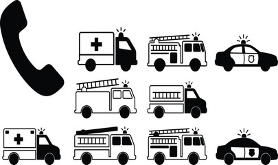 Emergency Services Contact Icon Set Featuring Ambulance, Fire Truck, and Police Car Symbols for Rapid Response, Help Line, and Public Safety Designs © kanichfatima
