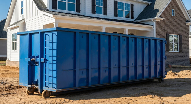 Blue industrial waste container parked in front of a new suburban house under construction on a sunny day.