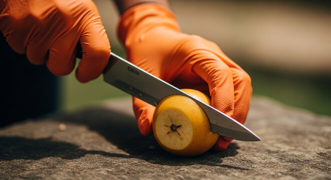 Close up of hands in orange nitrile gloves slicing a fresh yellow fruit with a sharp knife on a stone surface.