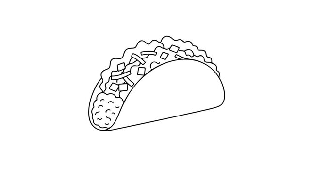 A clean black and white line art vector icon of a filled soft taco, perfect for restaurant menus, food delivery apps, or culinary branding projects requiring simple hand-drawn illustration.