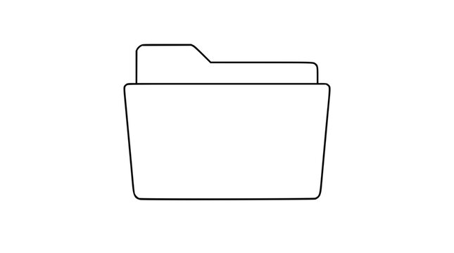 A clean black and white line art vector icon of a file folder with tab, perfect for organizing documents, digital storage, and office management interfaces.