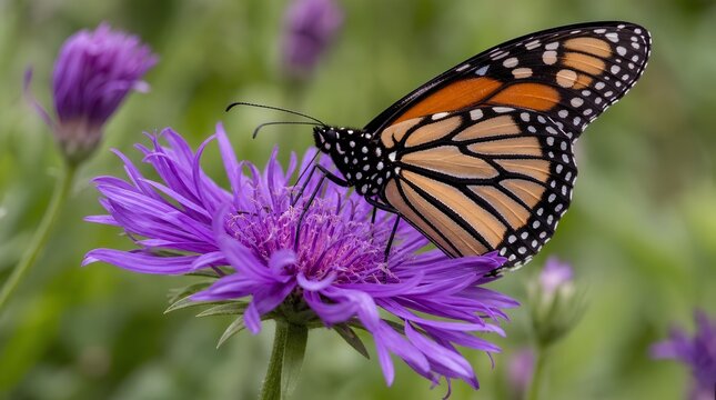 A monarch butterfly feeds on a vivid purple wildflower in a soft green garden, suited for nature, pollinator conservation, and spring gardening campaigns.