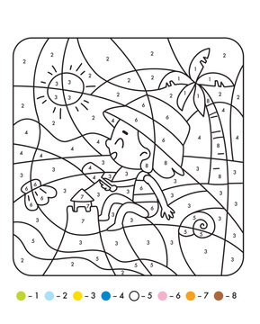Color by numbers activity for children. Educational worksheet with a riddle puzzle where kids color objects according to numbers. Fun learning game that develops attention, logic, and creativity. 