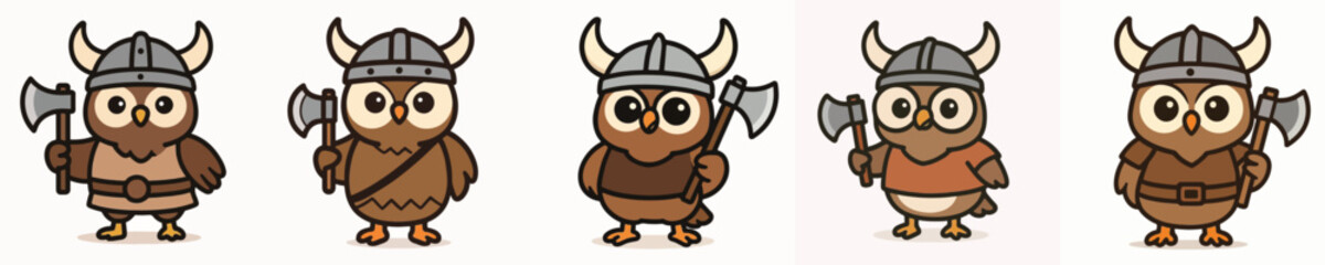 Naklejka premium Set of vector illustrations of an owl dressed as a Viking and armed with weapons.