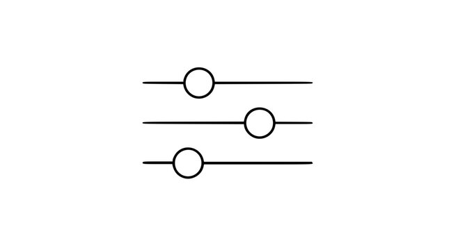 A clean black and white line art vector icon depicting an adjustable filter slider control, ideal for user interface settings in photo editing applications or mobile app dashboards.
