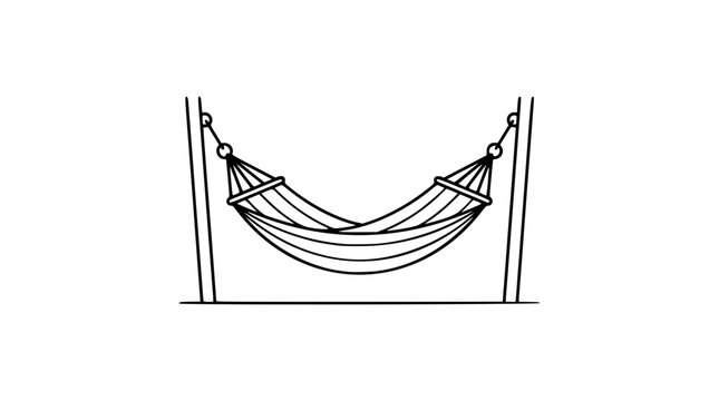 A clean black and white line art vector icon of a hammock, ideal for travel agency promotions, relaxation and leisure branding, or tropical resort and vacation-themed visual communications.