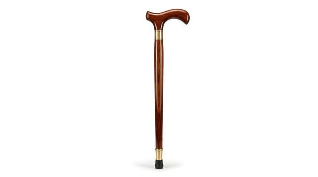 Wooden walking cane isolated on white background with ergonomic handle and rubber tip