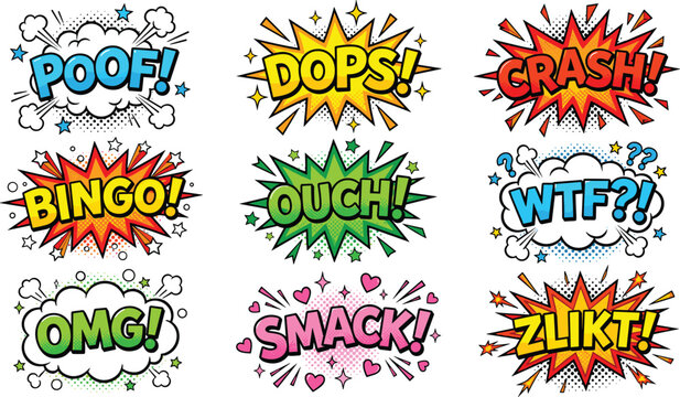 Comic book speech bubble text vector illustration set with colorful retro pop art sound effects explosion clouds isolated on white background.
