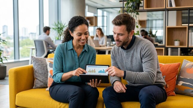 Two coworkers review colorful analytics on a tablet while sitting on a yellow office sofa, useful for business collaboration and planning campaigns.
