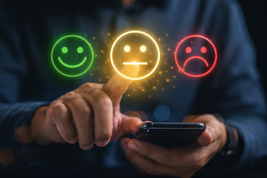 Man holding a mobile phone while giving a five-star positive review on a digital holographic interface.
