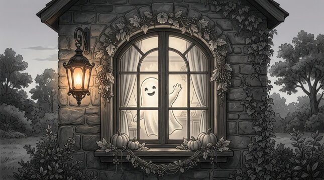 Cute ghost waving from a window of a stone cottage with autumn garlands and pumpkins in vintage monochrome drawing style.
