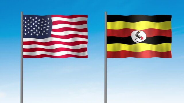Flag of Uganda and USA, Pole flag of Uganda and USA on clear sky background. Uganda and USA flag waving. 
