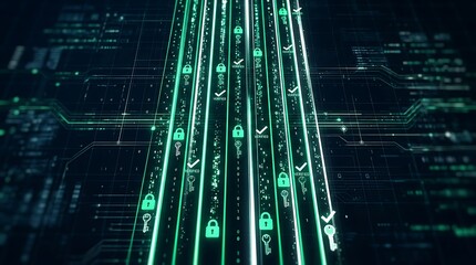 Fototapeta premium Cybersecurity concept with digital locks and verification checkmarks on a glowing data stream network background transparent background