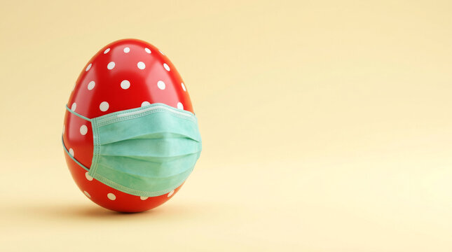 Red polka dot Easter egg wearing medical face mask, pandemic holiday concept with protective surgical mask, creative coronavirus safety theme