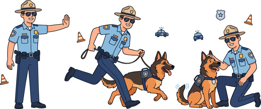 Police state trooper character vector set running with k9 german shepherd dog pet petting and making stop hand gesture isolated
