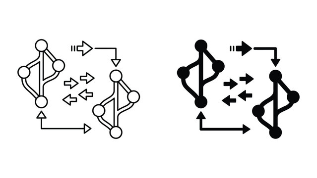 Data synchronization between nodes diagram icon set with synchronization