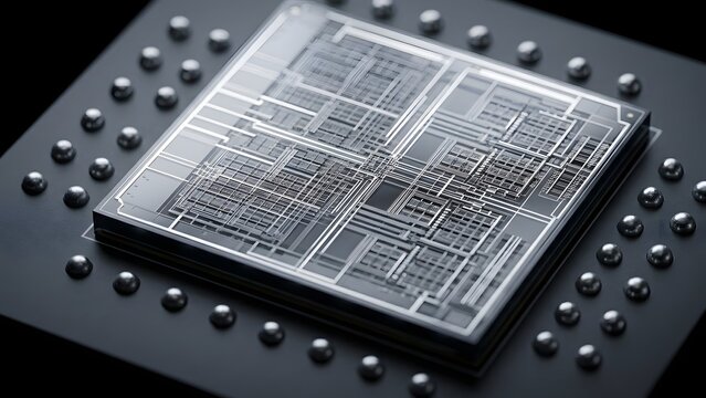 Bare silicon processor die with etched circuit grid mounted on ball grid array substrate