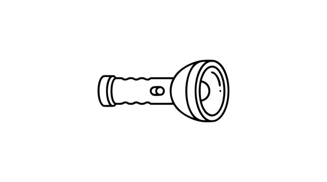 A clean black and white line art vector icon of a handheld flashlight with beam lines, excellent for camping gear representations, emergency equipment, or search and tool-themed mobile applications.