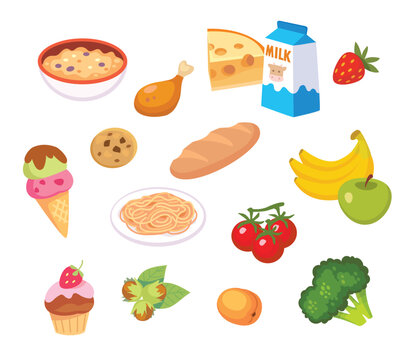 Food icons set collection grand variety of products. Fast food, healthy food assortment. Meals dishes isolated on white background. Vector flat illustration cartoon childish children primitive style