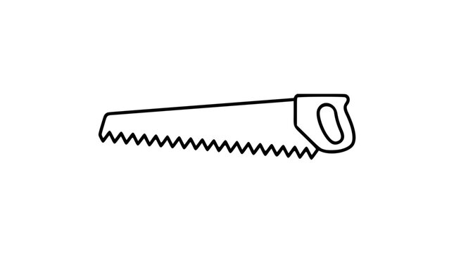A clean black and white line art vector icon of a handsaw blade with sharp teeth, excellent for carpentry workshop signage, DIY tutorial graphics, or woodworking tool catalogs.