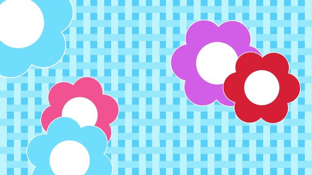 Pastel Gingham Background with Animated Hippy groovy daisy flowers Loop. neon color vintage style, animation decorative elements. 60s, 70s, icon flower, neon colors, playful Plaid Pattern, motion