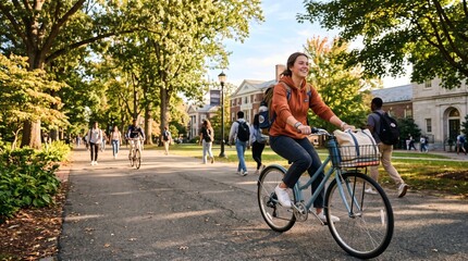 Obraz premium A happy young woman with a backpack rides a bicycle on a tree-lined campus path, smiling as other students walk in the background on a sunny day.
