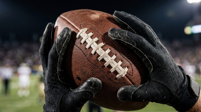 Mans hands catching football, football player holding a football in a stadium