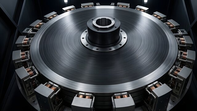 Large diameter industrial flywheel with copper wound electromagnetic stator assembly