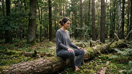 Obraz premium Seated Forest Clearing Meditation On Fallen Log For Stress Relief