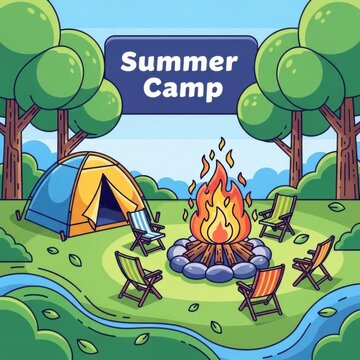 summer camp, camping in forest with tent and campfire